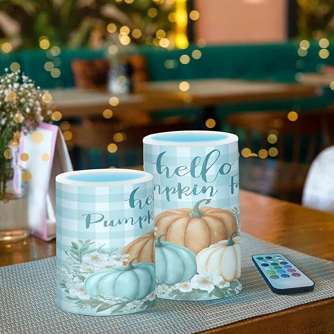 ALAZA Fall Autumn Pumpkins Teal Buffalo Plaid Flickering Flameless Candles Battery Operated with Remote Timer,Tea Light Candles LED Pillar Votive Candles Set of 2 for Outdoor Indoor Decorations