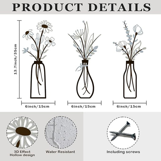 3 Pieces Metal Vase Flowers Wall Arts - Rustic Farmhouse Style Décor Metal Wall Art Black Minimalist Flower Natural Themed Wall Decors for Home Bedroom Dining Room Housewarming (Brown-Blue, Vase-C)