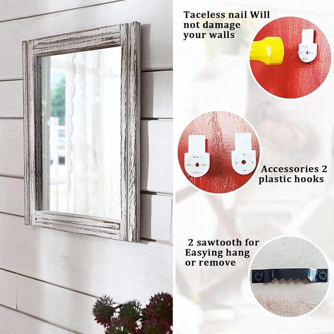 AAZZKANG Wall Mirror with Wood Framed Rustic Mirrors for Wall Rectangle Decorative for Bedroom Bathroom Living Room Entryway Farmhouse Hanging Small