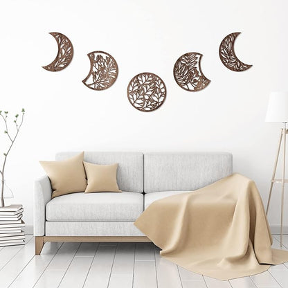 Jetec 5 Pcs Moon Phase Wall Art Decor Wall Pediments Hanging Wooden Phase Spiritual Bedroom Nordic Boho Lunar Aesthetic Art for Living Room Dorm Apartment Ornament(Brown,10.6 Inch,Botanical)