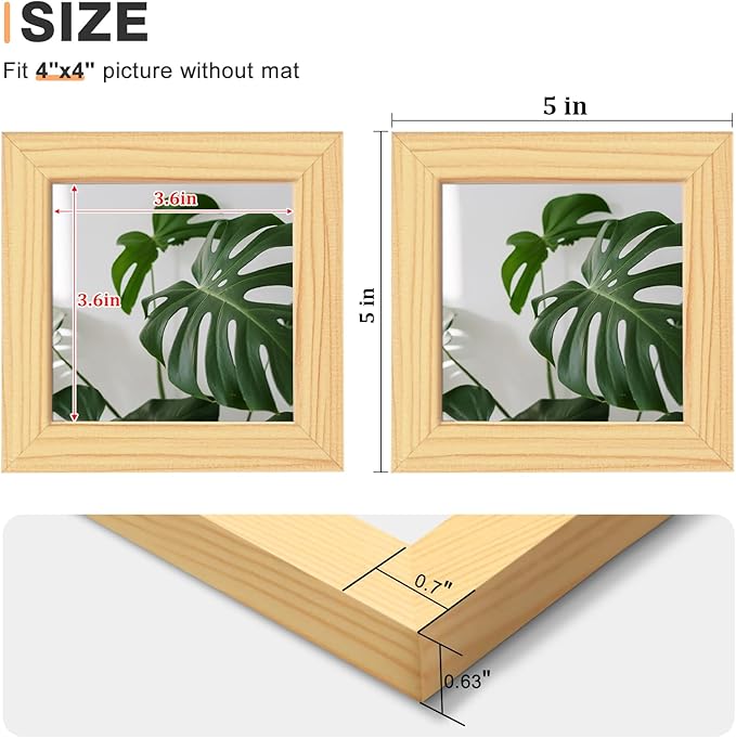 Egofine 4x4 Picture Frames Set of 4, Made of Solid Wood Covered by Plexiglass Display 4x4 for Table Top Display and Wall Mounting Photo Frame, Natural Wood
