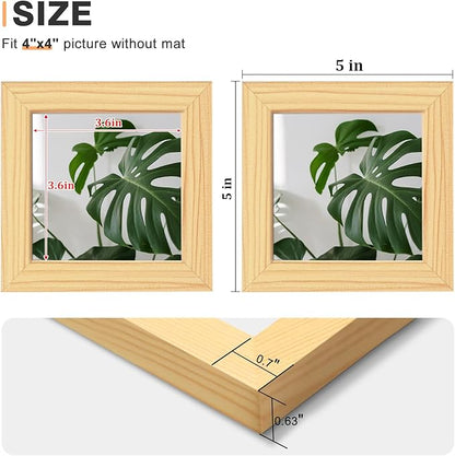 Egofine 4x4 Picture Frames Set of 4, Made of Solid Wood Covered by Plexiglass Display 4x4 for Table Top Display and Wall Mounting Photo Frame, Natural Wood