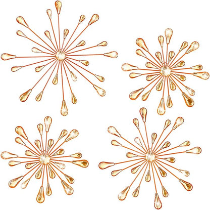 Hicarer 4 Pcs Starburst Wall Decor Bling Wall Art Crystal Teardrop 3D Hanging Rhinestone Radial Metal Artwork Modern Accent Sculptures Decorations for Living Room Home Office Bedroom(Orange)