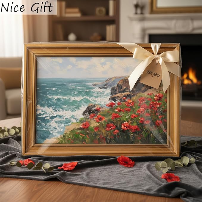 Vintage Gold Framed Coastal Wildflowers Canvas Wall Art, Cliff Landscape Poster Print Artwork, Nature Ocean Wave Painting Picture Wall Decor, for Living Room, Bedroom, Home Decoration, 12x16in