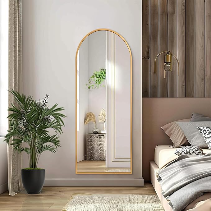 Wall Mirror Full Length Metal Aluminum Framed Floor Mirror 48"x12" Arched Large Full Body Mirror for Bedroom Living Room Entryway Dressing Room Gold
