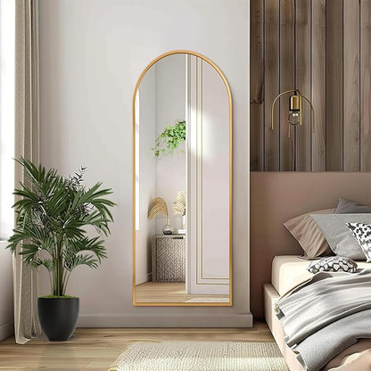 Wall Mirror Full Length Metal Aluminum Framed Floor Mirror 48"x12" Arched Large Full Body Mirror for Bedroom Living Room Entryway Dressing Room Gold
