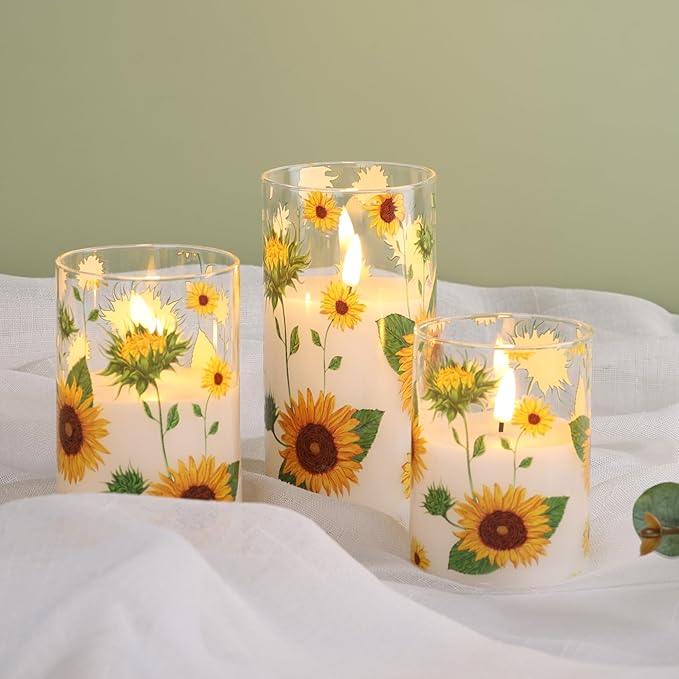 Eywamage Sunflower Glass Flameless Candles with Remote, Flickering Battery LED Pillar Candles Spring Home Table Decor Set of 3
