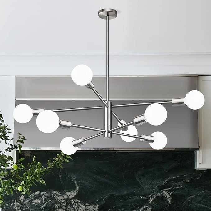 10.9"-52.3" Height Adjustable Sputnik Chandeliers Dining Room Light Fixture (8-Light, 30-Inch), Modern Brushed Nickel Chandelier, Mid Century Modern Chandeliers for Dining Room (Bulbs Not Included)