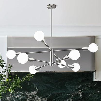 10.9"-52.3" Height Adjustable Sputnik Chandeliers Dining Room Light Fixture (8-Light, 30-Inch), Modern Brushed Nickel Chandelier, Mid Century Modern Chandeliers for Dining Room (Bulbs Not Included)