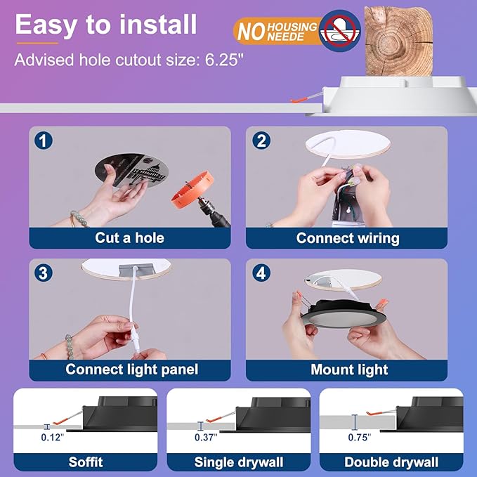 SikSog Black Smart Recessed Lighting 6 Inch RGBCW Color Changing 16W LED Downlight with Junction Box,1350 Lumen Recessed Ceiling Light Compatible with Alexa,Dimmable by Bluetooth Control -12Pack