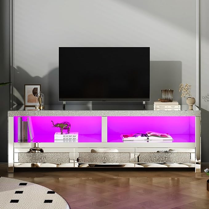 COSVALVE Silver Mirrored TV Stand for TVs Up to 65 Inches, LED TV Stand Modern Entertainment Center with Drawers & Open Storage, TV Console Table for Living Room, Game Room (Fully Assembly)