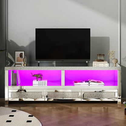 COSVALVE Silver Mirrored TV Stand for TVs Up to 65 Inches, LED TV Stand Modern Entertainment Center with Drawers & Open Storage, TV Console Table for Living Room, Game Room (Fully Assembly)
