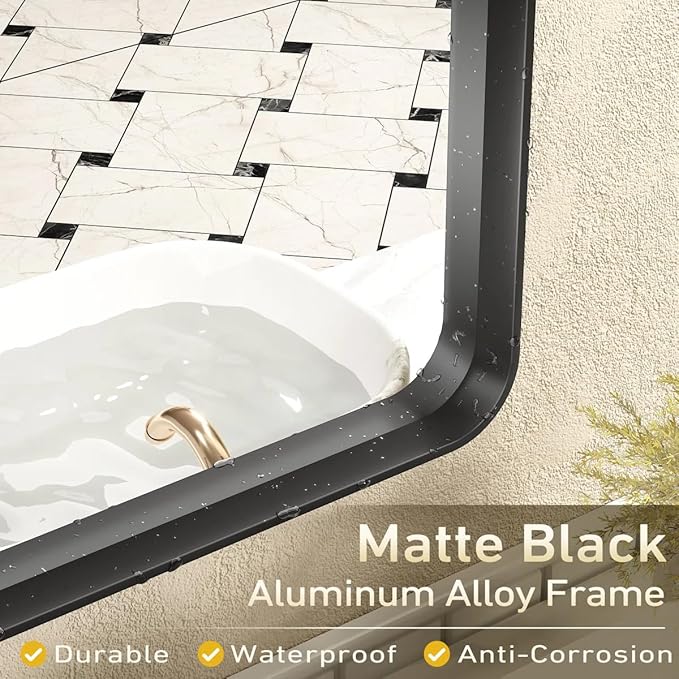 60x28 Black Framed Bathroom Mirror, Large Matte Black Bathroom Vanity Mirror for Wall, Rounded Rectangle Bathroom Mirror, Shatterproof (Horizontally/Vertically)
