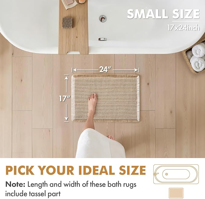 MIULEE Set of 2 Waffle Bathroom Rugs, Boho Bath Rugs Non Slip Washable, Super Absorbent Bath Mats, Ultra Soft Rubber Backed Shower Mats for Bathroom Floor, Tub, Brown & White, 17x24 Inch