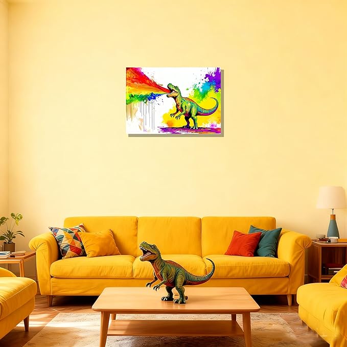 12x16 Graffiti T-Rex Dinosaur Spitting Rainbow Frie Wall Art Colorful Abstract Pop Canvas Prints Kids Room Decor Teen Boys Bedroom Rainbow Framed Wall Pictures Posters Funny Bathroom Animal Pictures
