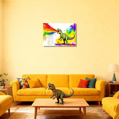 12x16 Graffiti T-Rex Dinosaur Spitting Rainbow Frie Wall Art Colorful Abstract Pop Canvas Prints Kids Room Decor Teen Boys Bedroom Rainbow Framed Wall Pictures Posters Funny Bathroom Animal Pictures