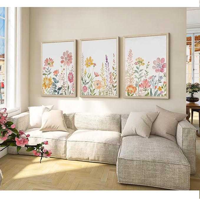 Watercolor Wildflower Wall Art Decor Colorful Flower Pictures Canvas Floral Botanical Wall Art Vintage Prints Poster Floral Painting Artwork for Living Room Bedroom 12x16 Inch Framed Set of 3