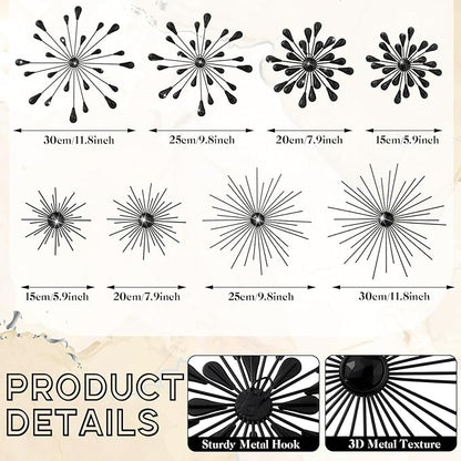 Blulu 8 Pcs Black Metal Wall Art Cast Iron Starburst Wall Decor Bling Crystal Sculptures Living Room 3D Teardrop Radial Rhinestone Hanging Diamond Accents for Home Office Bedroom Entryway
