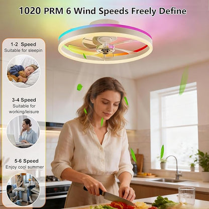 RGBCW 20" Flush Mount Low Profile Smart Ceiling Fan with Light, App & Remote Control, 6 Speeds Reversible, 3CCT Dimmable LED Bladeless Fandelier Quiet DC Motor for Bedroom Living Room
