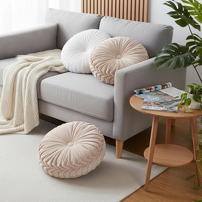 Beeveer 3 Pcs Round Throw Velvet Pillows Classy Accent Pumpkin Throw Pillows 15 Inch Decorative Cushion for Couch Chair Bed Car, 2 Styles (White)