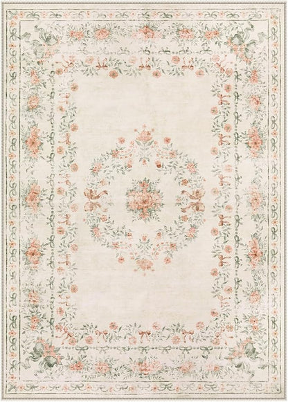 Wonnitar Floral Bow Washable Area Rug 5x7, Ultra-Thin Beige Rugs for Bedroom, Boho Non Shedding Neutral Soft Carpet for Nursey Kids Room Dorm Living Room, Beige