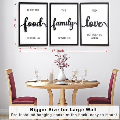 KIOSSUT 3D Wood Bless The Food Before Us Wall Decor, 48" x 24" Framed Kitchen Wall Art for Dining Room Wall Decor(Ready to Hang, 16x24 inches, Set of 3, Framed)