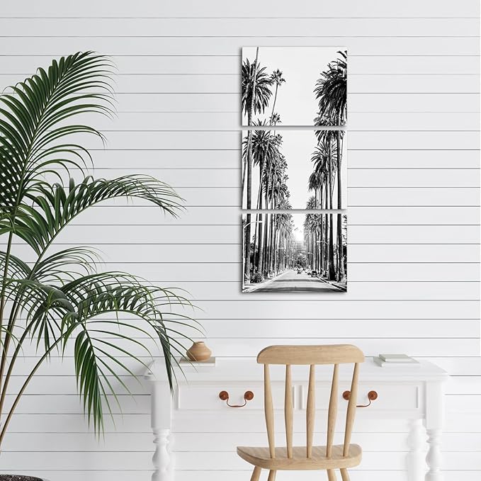 LevvArts Los Angeles Street Picture Canvas Prints Black and White Palm Trees Photography Wall Art Modern Bathroom Bedroom Decor
