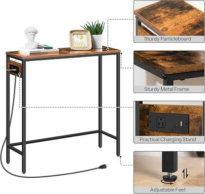 HOOBRO Narrow Console Table with Power Outlets, 29.5" Small Entryway Table with Charging Station, Thin Sofa Table, Side Table, for Hallway, Bedroom, Living Room, Rustic Brown and Black BF75UXG01