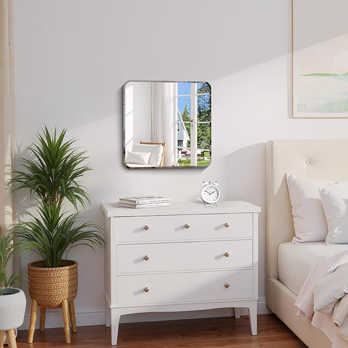 CILIBER Beveled Mirror, 18x18 Square Bathroom Mirror Rounded Corner, 3mm Tempered Glass, 18 inch Frameless Vanity Mirror with Beveled Edge for Bathroom, Bedroom, Living Room and Entryway
