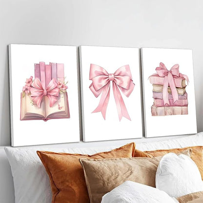 JBZZD Coquette Pink Bow Canvas Wall Art Set of 3,Book Lovers Gifts Preppy Decor Trendy Pink book Posters Pictures Prints Aesthetic for Girls Room College Apartment Living Room Bedroom Framed 12x16 In