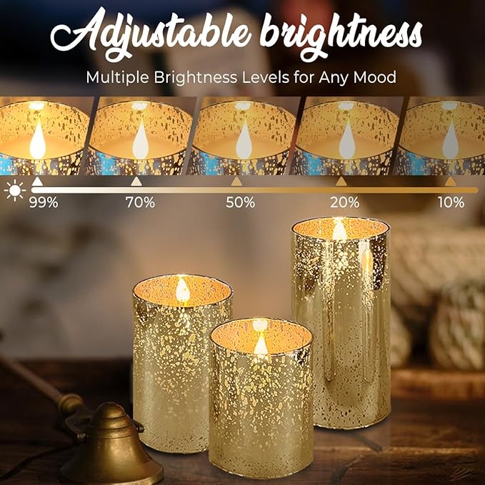 LEDHOLYT Rechargeable Flameless Candle, Flickering LED Pillar Glass Fake Candle with Remote and Timer, Built-in Battery Real Wax Electronic Candle for Room Decoration, Set of 3