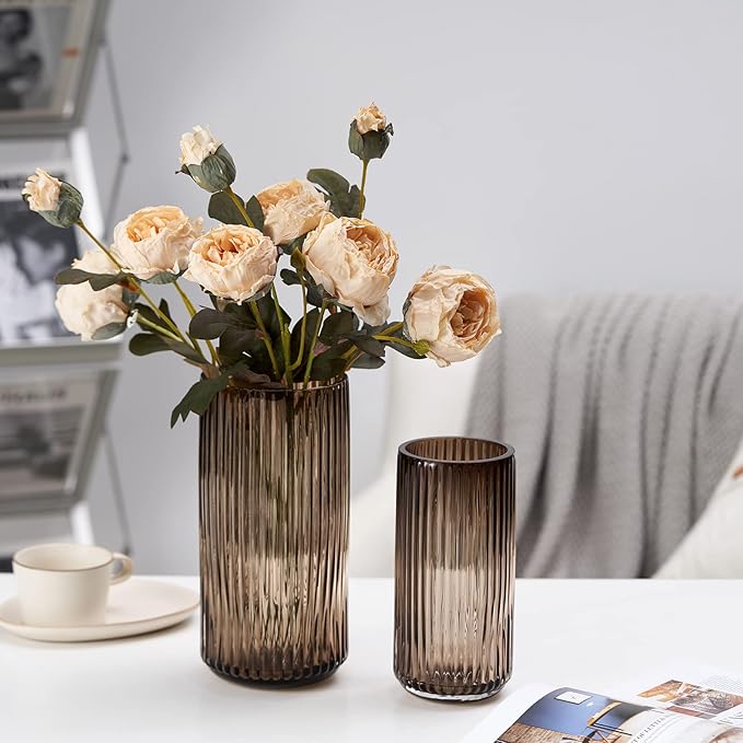 TIMEFOTO Flower Vase 10 inch Amber Thickened Hand Blow Glass Vase Round Vintage Striped Bottles for Bookshelf,Dinner Table,Indoor Office Desktop,Meeting Room,Bathroom,Home