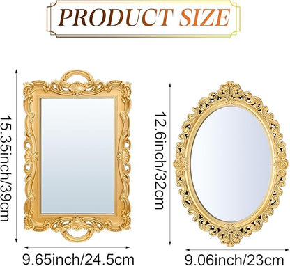 Beeveer 2 Style Vintage Mirrors Set Decorative Oval Wall Mirror Small Antique Mirrored Tray Decorative Hanging Mirror for Bathroom Bedroom Jewelry Organizer Victorian Decor (Square,Gold)