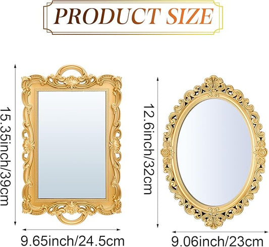Beeveer 2 Style Vintage Mirrors Set Decorative Oval Wall Mirror Small Antique Mirrored Tray Decorative Hanging Mirror for Bathroom Bedroom Jewelry Organizer Victorian Decor (Square,Gold)