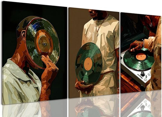AOYUSMO 3 Piece African American Wall Art Black Men Wall Decor Fashion Music Pictures Record Canvas Art Music Studio Paintings Modern Trendy Artwork For Living Room Bedroom 12"x16"