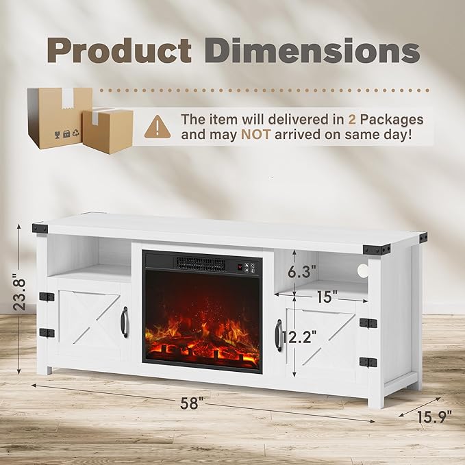 JUMMICO Fireplace TV Stand with 18” Electric Fireplace, Modern Fire Place TV Stands for Living Room, Entertainment Center with Storage Cabinet (Ivory)