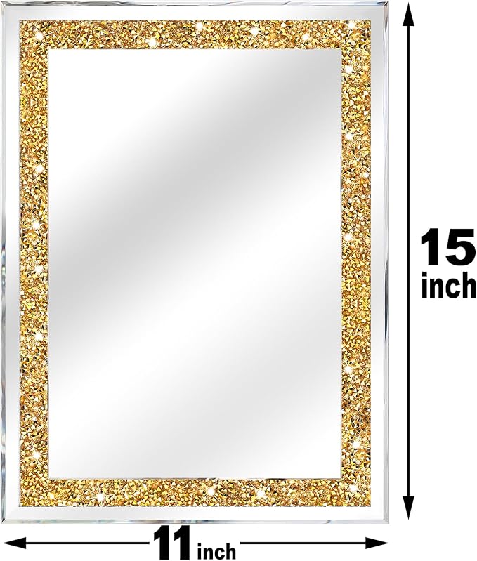 ZOLAPI 2PCS Crystal Rhinestone Diamond Wall Mirror.Brilliant Hand-Spliced Glass Mirror.Gold Accent Decorative Mirror for Hallway/Bathroom/Bedroom（11”x15”）