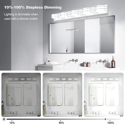 3 Color Temperature Dimmable Bathroom Light Fixtures over Mirror, LED Chrome 5 Light Vanity Lighting Fixtures, Acrylic Stainless Steel Square Shade Vanity Lights for Bathroom, ETL Certificated