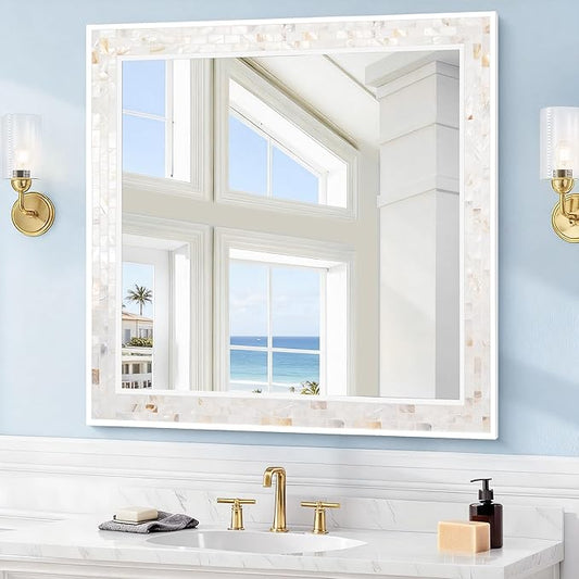 Tanmicoshomy 30 x 30 Inch White Rectangle Wall Mirror, Natural Shell Framed Rectangular Mirrors for Bathroom Bedroom, Living Room, Entryway, Wall Mounted Horizontal or Vertical