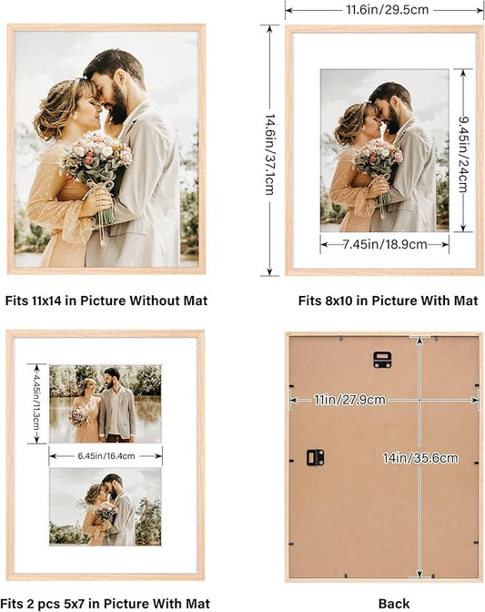 11x14 Picture Frame, Solid Oak Wood Frame 8x10 with Mat or 5x7 with 2 Mat or 11x14 without Mat with Perspex Glass, 11 x 14 Frame for Wall Display Art Photo, Poster, Birthday Christmas Gift, Set of 4