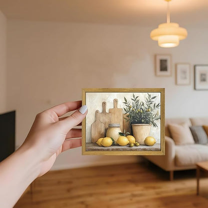 Wood Framed Vintage Kitchen Wall Art, Yellow Lemon Still Life Wall Decor Oil Paintings, Rustic Farmhouse Artwork Canvas Posters Prints Pictures for Living Room Bedroom Home Decor 8x10 Inch