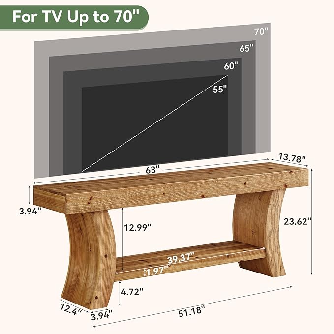 63" Solid Wood TV Stand for 55/60/65/75" TVs, Farmhouse TV Console, Low Entertainment Center with Storage for Living Room, Bedroom