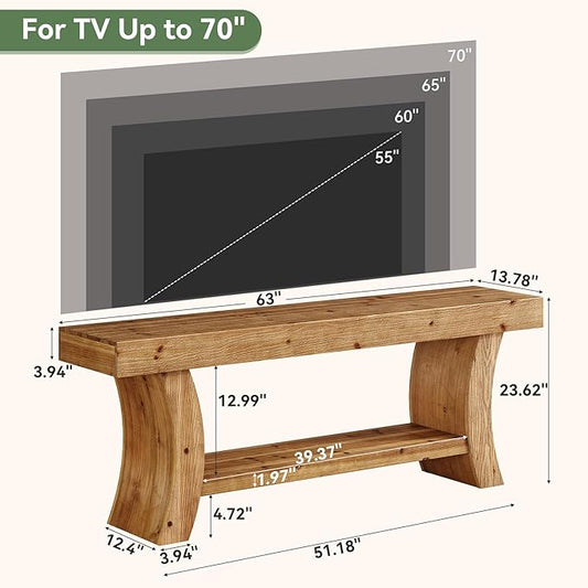 63" Solid Wood TV Stand for 55/60/65/75" TVs, Farmhouse TV Console, Low Entertainment Center with Storage for Living Room, Bedroom