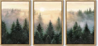 Drsoum Green Fog Pine Tree Landscape Wall Art Framed Nature Misty Nordic Forests Prints Morden Farmhouse Rustic Artwork Hallway Bedroom Ready to Hang 24x36in Natural Framed