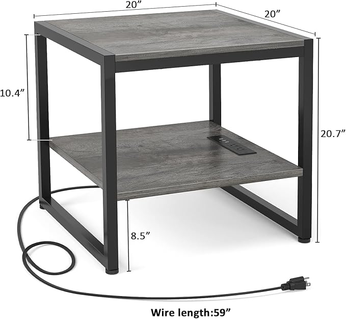Homieasy End Table with Charging Station, 20" Mini Fridge Stand with Power Outlets, Heavy Duty Side Table for Living Room, Small Table Stand & Fridge Table, Black Oak, 2 Pack