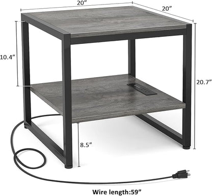 Homieasy End Table with Charging Station, 20" Mini Fridge Stand with Power Outlets, Heavy Duty Side Table for Living Room, Small Table Stand & Fridge Table, Black Oak, 2 Pack