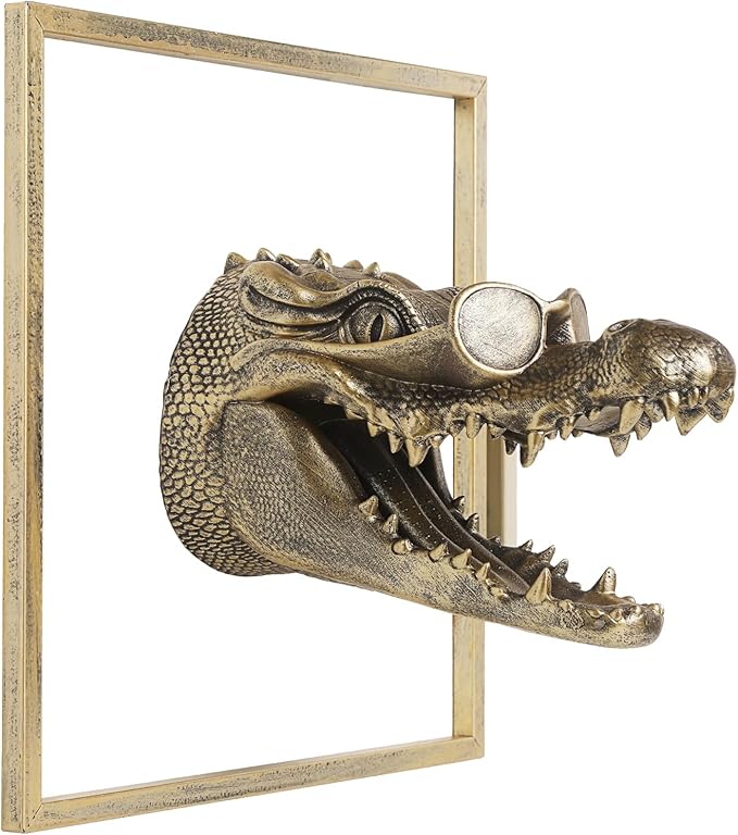JJALIGHTS Exquisite Resin Animal Head Wall Sculpture (Gift Metal Frame) - Imitation Copper Vintage Decor for Living Room, Bedroom & Office | Decorative Wall Hanging Art (Alligator)