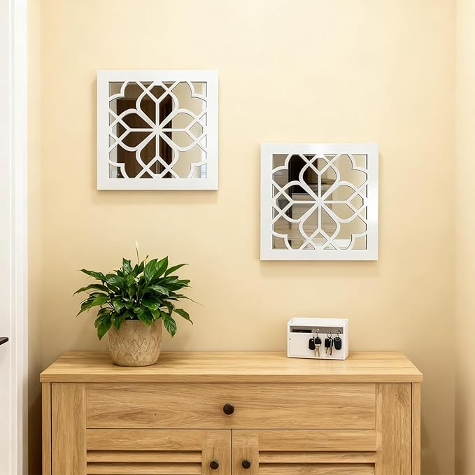 Set of 2 Boho Square Wall Mirrors - Matte White Metal Shatterproof Hanging for Wall Decor, Modern Farmhouse & Rustic Vintage Accent for Living Room, Dining Room, Bathroom & Entryway
