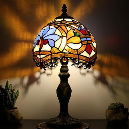 Tiffany Style Lamp Stained Glass Table Lamp 8 x 14.5 Mini Accent Light Yellow Phoenix Tail Design Small Decorative Bedside Reading Memory Lamp