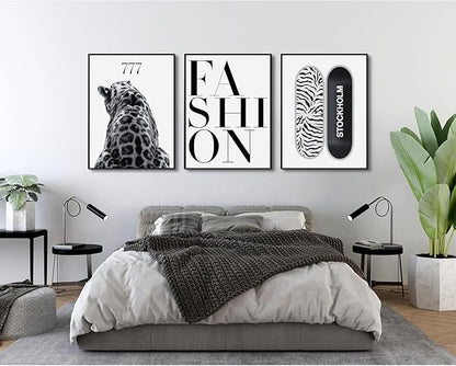 SUOLIUKJYS 3Pcs Trendy Leopard Wall Art Black White Cheetah Wall Decor Fashion Aesthetic Canvas Posters Preppy Stockholm Prints Stylish Cheetah Pictures Y2k Painting For Bedroom 16X24 Inch Unframed